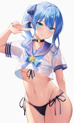 Rule 34 | 1girl, absurdres, arm behind back, bikini, bikini bottom only, black choker, blue bow, blue eyes, blue hair, blue nails, bow, breasts, brooch, choker, closed mouth, cowboy shot, crop top, hand up, highres, hololive, hoshimachi suisei, hoshimachi suisei (school uniform), jewelry, looking at viewer, medium hair, milk box (leoleo963852741), nail polish, navel, neckerchief, no pants, sailor collar, sailor shirt, shirt, short sleeves, side-tie bikini bottom, side ponytail, sidelocks, simple background, small breasts, smile, solo, star (symbol), star in eye, stomach, swimsuit, symbol in eye, v, virtual youtuber, wet, wet clothes, wet shirt, white background