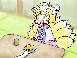 Rule 34 | 1girl, blonde hair, blush, cup, dress, female focus, fox tail, hat, hat with ears, mikashimo, mikasimo, multiple tails, open mouth, pink dress, plate, short hair, sitting, smile, tabard, table, tail, tatami, teacup, touhou, yakumo ran, yellow eyes