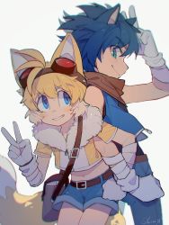 Rule 34 | 2boys, absurdres, androgynous, animal ears, bag, bandaged arm, bandages, bare shoulders, belt, belt buckle, black shirt, blonde hair, blue eyes, blue hair, blue shorts, buckle, c52278, closed mouth, crop top, fox ears, fox tail, fur trim, gloves, goggles, goggles on head, green eyes, grin, handbag, highres, humanization, locked arms, looking at another, male focus, midriff, multiple boys, navel, shirt, short shorts, short sleeves, shorts, sideways mouth, sleeveless, smile, sonic (series), sonic boom (series), sonic the hedgehog, tail, tails (sonic), v, vest, white gloves, zipper, zipper pull tab