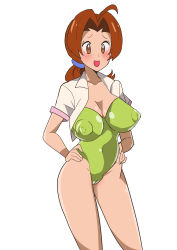 Rule 34 | 1girl, absurdres, alternate breast size, antenna hair, blush, breasts, brmd, brown eyes, brown hair, cameltoe, covered erect nipples, creatures (company), curvy, delia ketchum, game freak, green one-piece swimsuit, highres, large breasts, long hair, looking away, nintendo, one-piece swimsuit, open clothes, open mouth, open shirt, pokemon, pokemon (anime), pokemon (classic anime), pokemon ep018, ponytail, shiny skin, simple background, smile, swimsuit