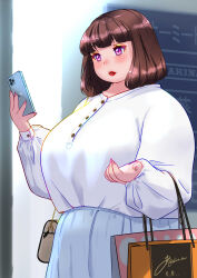 Rule 34 | 1girl, akina bbw, artist name, bag, blue skirt, blunt bangs, blush, bob cut, breasts, brown hair, buttons, character request, commentary request, commission, copyright request, cowboy shot, highres, holding, holding phone, large breasts, long sleeves, looking away, medium hair, nail polish, open hand, phone, pink eyes, red lips, shopping bag, skeb commission, skirt, solo, twitter username