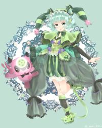 Rule 34 | 1girl, aqua eyes, aqua hair, arm warmers, astaroth (p&amp;d), black bow, black legwear, bloomers, blush, bow, cauchemar (p&amp;d), chestnut mouth, creature, demon girl, demon horns, frilled bow, frilled shawl, frills, full body, green background, green bloomers, green bow, hair ornament, hairband, hat, highres, holding, holding pillow, horns, jester cap, mitsukan (maitaro22), open mouth, pillow, puffy pants, purple bow, puzzle &amp; dragons, shawl, short hair, slippers, solo, text focus, twitter username