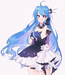 Rule 34 | 1girl, ahoge, azur lane, blue hair, commission, dress, earrings, evening gown, gloves, gradient hair, helena (azur lane), helena (may i have this dance?) (azur lane), highres, jewelry, long hair, multicolored clothes, multicolored dress, multicolored hair, playing with hair, purple eyes, strapless, strapless dress, wakiobake