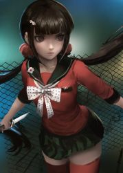 Rule 34 | 1girl, black hair, blunt bangs, chain-link fence, collarbone, commentary, danganronpa (series), danganronpa v3: killing harmony, fence, hair ornament, hairclip, harukawa maki, holding, holding knife, knife, leaning forward, long hair, long sleeves, low twintails, mole, mole under eye, multicolored background, pleated skirt, qosic, red eyes, red scrunchie, red shirt, red thighhighs, sailor collar, school uniform, scrunchie, serafuku, shirt, sketch, skirt, solo, thighhighs, twintails, weapon, zettai ryouiki