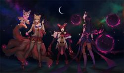 Rule 34 | &gt;:3, &gt; &lt;, 3girls, :3, ahri (league of legends), animal ears, back, blurry, closed eyes, crescent moon, depth of field, elbow gloves, energy ball, familiar, fox ears, fox girl, fox tail, gloves, hair ornament, heart, jinx (league of legends), league of legends, looking at viewer, magical girl, midriff, moon, multiple girls, navel, night, orange hair, orb, purple hair, red hair, skirt, sky, smile, standing, star (sky), star guardian (league of legends), star guardian ahri, star guardian jinx, star guardian syndra, starry sky, syndra, tail, thighhighs, twintails, v, v-shaped eyebrows, wavy mouth, yueko (jiayue wu), zettai ryouiki