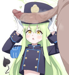 Rule 34 | !?, 1girl, bar censor, black hat, black jacket, black tail, blue archive, blush, buttons, censored, demon tail, donutman, double-breasted, gloves, green hair, green halo, hair between eyes, halo, hat, hikari (blue archive), highres, jacket, long hair, long sleeves, open mouth, peaked cap, penis, pointy ears, sidelocks, solo, tail, upper body, white gloves, yellow eyes