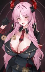 Rule 34 | 1girl, belt, black gloves, black jacket, blue archive, blush, bra, bra peek, breasts, buttons, coin, coin on string, demon horns, double-breasted, gloves, gun, hair intakes, halo, highres, holding pendulum, holed coin, horns, hypnosis, jacket, large breasts, looking at viewer, military jacket, mind control, mole, mole on breast, necktie, open mouth, pendulum, pink hair, red bra, satsuki (blue archive), sidelocks, smile, solo, sushimo, underwear, weapon