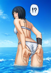 Rule 34 | !?, 1girl, adjusting clothes, adjusting swimsuit, ass, back, bikini, black eyes, black hair, blush, breasts, cloud, female focus, from behind, leaning forward, looking back, naruto, naruto (series), ocean, outdoors, shizune (naruto), short hair, sky, solo, standing, swimsuit, tk (tk&#039;s level4), wading, water, wet