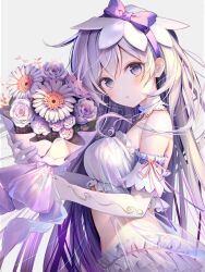 Rule 34 | 1girl, bare shoulders, bouquet, bow, breasts, commentary, elbow gloves, flower, from side, gloves, grey background, grey hair, hair between eyes, highres, holding, holding bouquet, kouyafu, long hair, looking at viewer, looking to the side, medium breasts, midriff, original, parted lips, purple bow, purple eyes, rose, see-through, simple background, solo, symbol-only commentary, very long hair, white flower, white gloves, white rose
