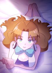 Rule 34 | 1girl, aged up, bare arms, barefoot, bed, blue bow, blue dress, blue eyes, blush, bow, breasts, brown hair, closed mouth, collarbone, creatures (company), dress, earrings, eyelashes, game freak, hair bow, highres, jewelry, kikopoko11, large breasts, lips, long hair, looking at viewer, lying, molly hale, nintendo, on bed, on stomach, pokemon, pokemon (anime), pokemon (classic anime), pokemon 3: the movie - spell of the unown: entei, reaching, reaching towards viewer, sexually suggestive, sleeveless, sleeveless dress, smile, solo