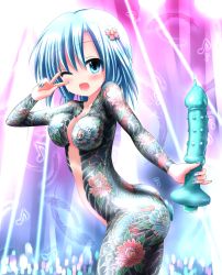 Rule 34 | 1girl, ;p, absurdres, blue eyes, blue hair, blush, breast tattoo, breasts, dragon tattoo, flower, full-body tattoo, hair ornament, highres, idol, looking at viewer, nail polish, nipple piercing, one eye closed, original, piercing, seiji (artist), sex toy, smile, solo, tagme, tattoo, tongue, tongue out, yakuza