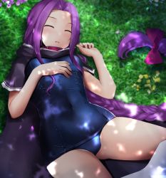 Rule 34 | 1girl, black cloak, blush, braid, breasts, cape, capelet, cloak, closed eyes, fate/grand order, fate (series), grass, highres, kuro yanagi, long hair, lying, medusa (fate), medusa (lancer) (fate), medusa (rider) (fate), navel, old school swimsuit, on back, one-piece swimsuit, purple hair, rider, school swimsuit, single braid, skindentation, sleeping, small breasts, solo, swimsuit, translation request