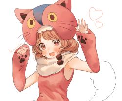 Rule 34 | 1girl, aikatsu!, aikatsu! (series), animal costume, animal hat, arm up, armpits, blush, brown eyes, cat costume, cat hat, cat tail, detached sleeves, embarrassed, fang, hanako151, hat, heart, looking at viewer, ozora akari, open mouth, orange hair, scarf, signature, simple background, sketch, sleeveless, solo, tail, upper body, white background