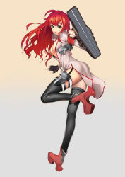 Rule 34 | 1girl, absurdres, aircraft carrier, argus (warship girls r), breasts, garter straps, gradient background, green eyes, high heels, highres, hms argus (i49), long hair, mecha musume, military, military vehicle, niangsansansan, open mouth, panties, pantyshot, personification, red hair, ship, solo, standing, thighhighs, underwear, warship, warship girls r, watercraft