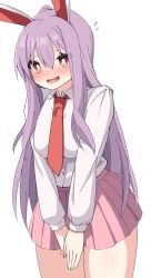 Rule 34 | 1girl, absurdres, animal ears, blush, collared shirt, cowboy shot, fingernails, flying sweatdrops, hair between eyes, highres, light purple hair, long hair, long sleeves, necktie, open mouth, pink skirt, pleated skirt, rabbit ears, red eyes, red necktie, reisen udongein inaba, shirt, simple background, skirt, solo, touhou, tsukimirin, white background, white shirt