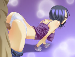 Rule 34 | 1boy, 1girl, all fours, ass, back, bare shoulders, blue eyes, blue hair, blush, breasts, censored, clothes pull, doggystyle, glasses, gloves, hanging breasts, hetero, highres, large breasts, legs, looking away, one piece, open mouth, panties, pants, pants pull, penis, sakyuuan, sex, sex from behind, short hair, simple background, solo focus, tashigi, thigh sex, thighs, underwear