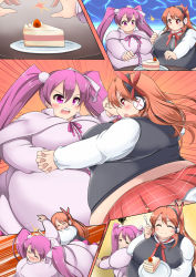 Rule 34 | +++, 10s, 2girls, :&lt;, = =, ^ ^, akame ga kill!, angry, belly-to-belly, blush, breasts, cake, cake slice, capelet, cheese wheel, chelsea (akame ga kill!), closed eyes, eating, closed eyes, fat, fat rolls, fighting, food, food on face, fruit, happy, headphones, highres, huge breasts, kurokaze no sora, large breasts, left-to-right manga, long hair, mine (akame ga kill!), miniskirt, multiple girls, obese, panties, pantyshot, plaid, plaid skirt, purple eyes, purple hair, pushing, pushing down, red eyes, red hair, round teeth, skirt, snort, sparkle, spoon, squiggle, standing, strawberry, sweat, teeth, twintails, undersized clothes, underwear, white panties, wrestling