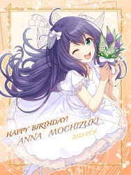 Rule 34 | 1girl, 2023, absurdres, ahoge, aqua eyes, blush, border, bouquet, bow, bracelet, character name, collarbone, dress, earrings, floral print, flower, framed, hair between eyes, happy birthday, highres, holding, holding bouquet, idolmaster, idolmaster million live!, idolmaster million live! theater days, jewelry, long hair, looking at viewer, lupinus (flower), mochizuki anna, nail polish, one eye closed, open mouth, ornate border, pendant, purple flower, purple hair, ribbon, see-through, see-through sleeves, shiro (ongrokm), short sleeves, smile, solo, white dress, white flower