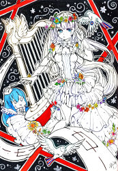 Rule 34 | 2girls, bare shoulders, bird, blue eyes, blue hair, blush, breasts, bridal gauntlets, chibi, cleavage, cowboy shot, dress, female focus, flower, frilled dress, frills, garrison cap, halo, harp, hat, head wreath, highres, instrument, lace, long hair, looking at viewer, multiple girls, partially colored, pointing, pointing up, quincy (warship girls r), signature, solo focus, standing, traditional media, unicorn (warship girls r), warship girls r, wings, yu zhiju