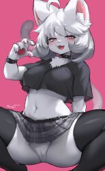 Rule 34 | 1girl, absurdres, animal ears, animal hands, animal nose, black shirt, black thighhighs, body fur, collar, fang, fangs, furry, furry female, grey skirt, highres, looking at viewer, midriff, navel, open mouth, original, panties, pink background, pink eyes, plaid, plaid skirt, shirt, simple background, sitting, skirt, smile, snout, solo, spiked collar, spikes, suurin (ksyaro), tail, thighhighs, twitter username, underwear, white fur, white panties