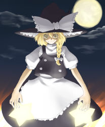 Rule 34 | 1girl, apron, arms at sides, black hat, black skirt, black vest, blonde hair, bow, braid, closed mouth, cloud, eyebrows, female focus, frilled apron, frills, full moon, hair between eyes, hair bow, hakui ami, hat, hat bow, hat ribbon, kirisame marisa, long hair, looking at viewer, moon, night, night sky, outdoors, puffy short sleeves, puffy sleeves, ribbon, shirt, short sleeves, skirt, sky, smile, solo, star (symbol), touhou, vest, waist apron, white apron, white bow, white ribbon, white shirt, witch hat, yellow eyes
