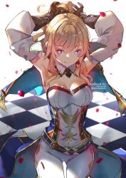 Rule 34 | 1girl, armpits, arms up, belt, blonde hair, blue eyes, blurry, blurry background, breasts, capelet, checkered floor, closed mouth, colored eyelashes, cowboy shot, detached sleeves, genshin impact, gloves, gluteal fold, hair between eyes, high ponytail, highres, jean (genshin impact), light smile, long hair, looking at viewer, pants, patreon username, petals, pixiv username, solo, standing, sydus, white pants