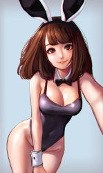 Rule 34 | 1girl, absurdres, animal ears, bare shoulders, black bow, black bowtie, black one-piece swimsuit, bow, bowtie, breasts, brown eyes, brown hair, cleavage, covered navel, detached collar, grey background, highleg, highleg swimsuit, highres, jungon kim, leaning forward, lips, looking at viewer, medium breasts, medium hair, one-piece swimsuit, original, rabbit ears, rabbit girl, smile, solo, swimsuit, wrist cuffs