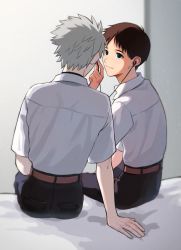 Rule 34 | 2boys, arm support, bed, bed sheet, blue eyes, brown hair, cable, collared shirt, commentary, earbuds, earphones, ikari shinji, indoors, kannunu, light particles, looking at another, male focus, multiple boys, nagisa kaworu, neon genesis evangelion, on bed, pale skin, shirt, shirt tucked in, short hair, single earphone removed, sitting, smile, symbol-only commentary, white hair, white shirt, yaoi