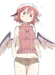 Rule 34 | 1girl, alternate costume, animal ears, bare shoulders, blush stickers, female focus, flying sweatdrops, low wings, mystia lorelei, navel, no headwear, pink eyes, pink hair, ribbed sweater, sape (saperon black), short hair, short shorts, shorts, simple background, sketch, sleeveless, solo, sweater, thigh gap, touhou, white background, wings