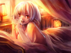 Rule 34 | 1girl, :d, artemisia (pixiv fantasia), bed, bed sheet, edobox, elf, lying, naked sheet, nude, on stomach, open mouth, orange eyes, original, own hands together, pixiv fantasia, pixiv fantasia 2, pointy ears, red eyes, short hair, silver hair, smile, solo, under covers