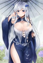 Rule 34 | 1girl, blue eyes, blush, braid, breast curtains, breasts, commission, covered navel, detached sleeves, dress, eyebrows hidden by hair, flower, gijang, hair flower, hair ornament, hair stick, highres, large breasts, lenhee (kaito), long dress, long hair, looking at viewer, mole, mole under eye, oil-paper umbrella, original, rain, second-party source, side braid, side slit, sidelocks, solo, umbrella, very long hair, wet, wet clothes, white hair, wide sleeves