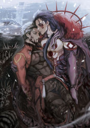 Rule 34 | 2boys, archer (fate), black gloves, blood, blood on face, blue hair, bodypaint, cape, carrying, closed eyes, cu chulainn (fate), cu chulainn (fate) (all), cu chulainn (fate/stay night), cu chulainn alter (fate), cu chulainn alter (fate/grand order), cu chulainn alter (third ascension) (fate), dark blue hair, dark persona, earrings, elbow gloves, facepaint, fate/grand order, fate/stay night, fate (series), fur-trimmed cape, fur trim, gloves, highres, hood, hood down, jewelry, korean commentary, lancer, long hair, looking at another, male focus, monster boy, multiple boys, muscular, muscular male, ponytail, q1modi, red eyes, skin tight, snow, spiked hair, spikes, tail, topless male, waist cape, white hair