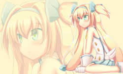 Rule 34 | 1girl, arc system works, bare shoulders, bell, blazblue, blazblue: continuum shift, blonde hair, blush, bow, gloves, godharo1, green eyes, hair bow, hairband, heart, heart-shaped pupils, long hair, low-tied long hair, platinum the trinity, quad tails, sitting, skirt, sleeveless, solo, symbol-shaped pupils, twintails, two side up, very long hair, wariza, wings, zoom layer