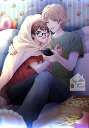 Rule 34 | 2boys, black pants, blanket, blonde hair, brown hair, cellphone, ensemble stars!, food, french fries, glasses, green shirt, grey eyes, highres, holding, holding phone, kindo, morisawa chiaki, multiple boys, open mouth, pants, phone, pillow, pizza, red eyes, red shirt, scared, shirt, smartphone, takamine midori