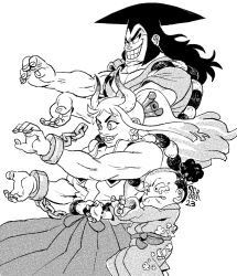 Rule 34 | 1girl, 2boys, chain, commentary, crying, cuffs, dated, david alegre, dragon ball, dragonball z, earrings, english commentary, family kamehameha, father and son, greyscale, grin, horns, japanese clothes, jewelry, kamehameha (dragon ball), kouzuki momonosuke, kouzuki oden, long hair, looking to the side, monochrome, multiple boys, muscular, muscular male, one piece, parody, rope, screentones, shackles, shimenawa, shirt, signature, simple background, sleeveless, sleeveless shirt, smile, yamato (one piece)
