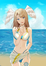 Rule 34 | 1girl, arm behind back, beach, bikini, blonde hair, blue bikini, blue eyes, breasts, cleavage, eunie (xenoblade), finger to mouth, head wings, large breasts, legs, looking at viewer, navel, ninnin (kare konoha nin), ocean, open mouth, sarong, short hair, smile, solo, swimsuit, thighs, water, wings, xenoblade chronicles (series), xenoblade chronicles 3