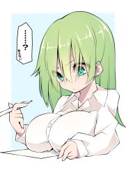 Rule 34 | 1girl, absurdres, alternate breast size, bad id, bad pixiv id, border, breast rest, breasts, buttons, green eyes, green hair, highres, holding, holding pen, inconvenient breasts, komeiji koishi, large breasts, long hair, long sleeves, pen, sakakiba misogi, shirt, solo, speech bubble, touhou, white border, white shirt