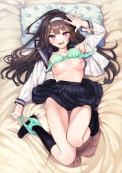 Rule 34 | 1girl, absurdres, arm at side, arm up, bed sheet, black socks, blouse, bra, breasts, brown hair, drooling, female focus, from above, full body, gluteal fold, hairband, heart, heart-shaped pupils, highres, kneehighs, long hair, looking at viewer, looking up, lying, medium breasts, nipples, on back, on bed, open bra, open clothes, open mouth, open shirt, original, panties, panties around ankles, panty pull, pillow, pink eyes, pleated skirt, pulled by self, school uniform, serafuku, shirt, skirt, socks, solo, suggestive fluid, symbol-shaped pupils, underwear, white hairband, zero (miraichizu)