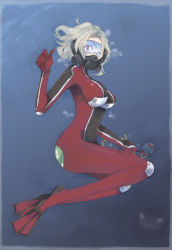 Rule 34 | 1girl, bad id, bad pixiv id, blonde hair, bodysuit, breasts, diving, diving mask, diving suit, flippers, glowing, glowing eyes, goggles, highres, large breasts, ocean, patch, scuba, short hair, skin tight, solo, swimsuit, thumbs up, tsumura chita, underwater, water, wetsuit