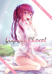 Rule 34 | 1girl, barefoot, bed sheet, between legs, book, candy, chocolate, chocolate heart, collarbone, dress shirt, food, free!, hair between eyes, hand between legs, heart, holding, holding food, indoors, long hair, long sleeves, looking at viewer, matsuoka gou, momoko (momoko14), naked shirt, open book, open clothes, open mouth, open shirt, pillow, ponytail, red eyes, red hair, shirt, sidelocks, sitting, solo, very long hair, wariza, white shirt