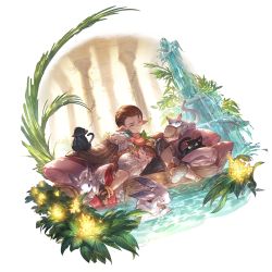 Rule 34 | 1boy, 1girl, alternate costume, black cat, book, braid, brother and sister, brown eyes, brown hair, cat, collar, couch, earrings, flower, fountain, glasses, granblue fantasy, haaselia, hair flower, hair ornament, hair slicked back, harvin, hoop earrings, jewelry, judgement (granblue fantasy), katzelia, leaf, multiple cats, official art, on head, pillar, pointy ears, ponytail, rabbit, reading, siblings, sleeping, the moon (granblue fantasy), transparent background, water
