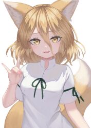 Rule 34 | 1girl, absurdres, animal ear fluff, animal ears, blonde hair, breasts, commentary request, fox ears, fox shadow puppet, fox tail, green ribbon, hair between eyes, hand up, highres, kudamaki tsukasa, light blush, light smile, looking at viewer, medium hair, parted lips, raised eyebrows, ribbon, short sleeves, simple background, small breasts, solo, tail, teeth, touhou, upper body, upper teeth only, white background, white romper, yellow eyes, yuha (kanayuzu611)