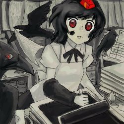 Rule 34 | 1girl, bad id, bad pixiv id, bird, black hair, crow, female focus, hat, looking at viewer, lowres, oisin, open mouth, paint, red eyes, red hat, shameimaru aya, solo, touhou