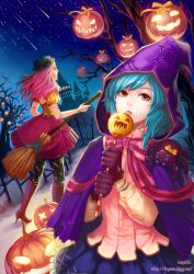 Rule 34 | 2girls, :p, animal, animal on shoulder, artist name, blue hair, boots, bow, bracelet, broom, bug, candy, capelet, castle, food, gate, gloves, halloween, hat, holding broom, hood, jack-o&#039;-lantern, jewelry, kankito, licking, lightning bolt symbol, lollipop, long hair, looking at viewer, multiple girls, night, night sky, open mouth, orange bow, orange shirt, original, outdoors, pink hair, pink skirt, puffy short sleeves, puffy sleeves, pumpkin, red eyes, shirt, shooting star, short hair, short sleeves, silk, skirt, sky, spider, spider web, standing, star (sky), stitches, striped, striped bow, sweets, teardrop, tongue, tongue out, torn clothes, tree, watermark, web address, yellow bow