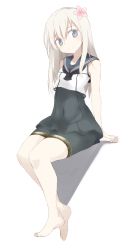Rule 34 | 1girl, blonde hair, blue eyes, cosplay, crop top, flower, hair flower, hair ornament, invisible chair, kantai collection, long hair, md5 mismatch, ro-500 (kancolle), ro-500 (kancolle) (cosplay), shigino sohuzi, sitting, smile, solo, swimsuit, swimsuit under clothes, u-511 (kancolle), uniform