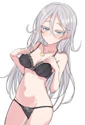 Rule 34 | 1girl, bare arms, bare shoulders, black bra, black panties, blue eyes, blush, bow, bow bra, bow panties, bra, breasts, closed mouth, collarbone, colored eyelashes, commentary request, crescent, dutch angle, grey hair, groin, hair between eyes, half-closed eyes, hands up, highres, long hair, looking at viewer, medium breasts, navel, nonono (mino), original, panties, simple background, solo, standing, underwear, underwear only, very long hair, white background