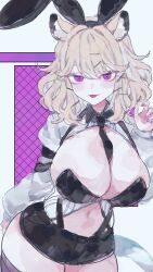 1girl :p animal_ears arknights black_necktie blonde_hair breasts cleavage fingernails hair_ornament highres jacket nail_polish necktie nontraditional_playboy_bunny open_clothes purple_eyes purple_nails rocb short_hair simple_background solo tongue tongue_out utage_(arknights)