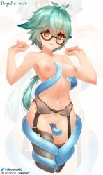 Rule 34 | 1girl, breasts, closed mouth, genshin impact, glasses, green hair, likunea, long hair, medium breasts, pussy, simple background, smile, solo, sucrose (genshin impact), tagme, uncensored