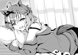 Rule 34 | 1girl, absurdres, ahoge, animal ears, blush, camisole, clothing cutout, commentary, curtains, greyscale, hair ornament, highres, horse ears, horse girl, horse tail, hugging object, indoors, jacket, jungle pocket (umamusume), long sleeves, looking at viewer, lying, monochrome, notched ear, on stomach, open mouth, pillow, pillow hug, ryochapu, short hair, smile, solo, strap slip, tail, tail through clothes, teeth, umamusume, upper teeth only, x hair ornament