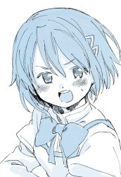 Rule 34 | 1girl, annoyed, blue theme, bow, bowtie, collared shirt, commentary request, furrowed brow, hair ornament, hairclip, high collar, juliet sleeves, light blush, long sleeves, looking at viewer, mahou shoujo madoka magica, mahou shoujo madoka magica (anime), miki sayaka, mitakihara school uniform, no+bi=, open mouth, puffy sleeves, school uniform, shirt, short hair, simple background, solo, sweatdrop, teeth, upper body, upper teeth only, white background